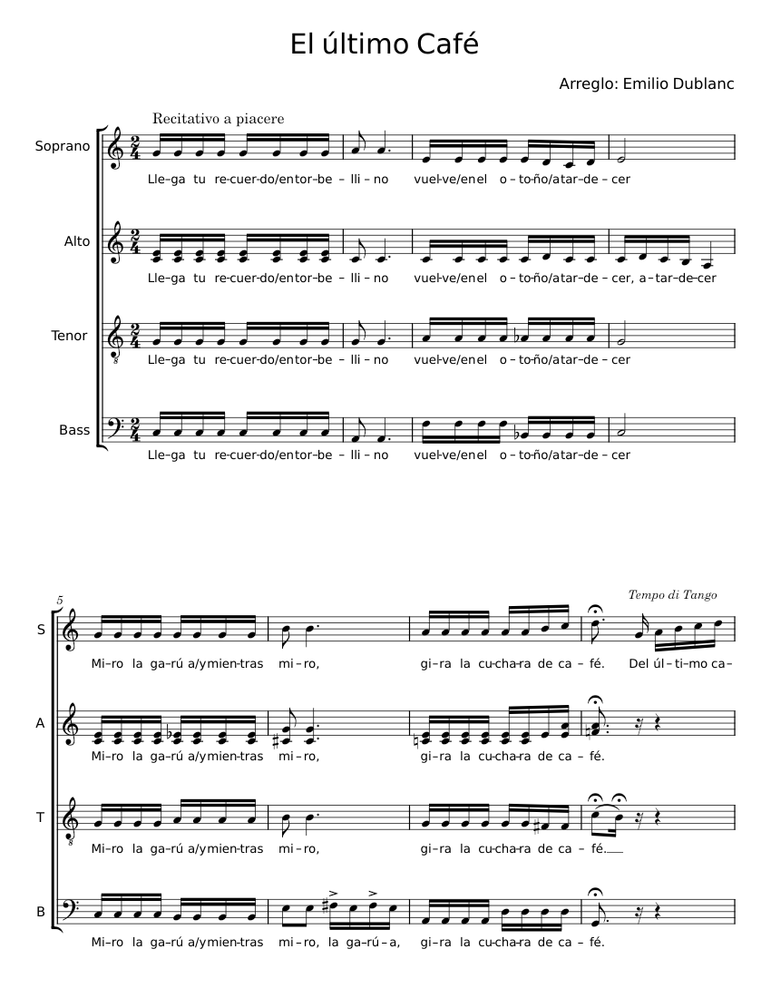 Ultimo Cafe El último Café Sheet Music for Bass guitar, Synthesizer (Mixed Quartet ...
