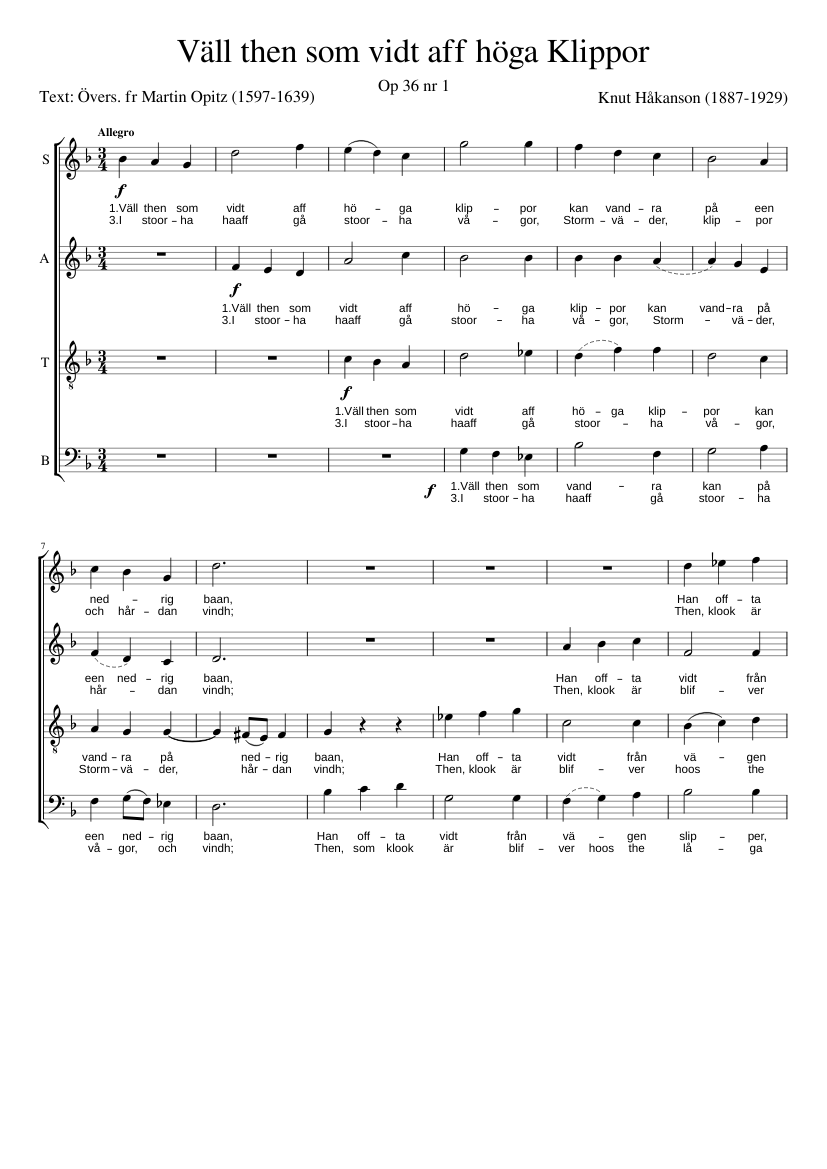 Väll then som vidt aff höga Klippor