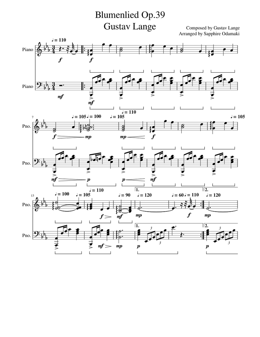 Gustav Lange - Blumenlied Op 39 - Piano (In Eb Major) Sheet music for Piano  (Solo) | Musescore.com