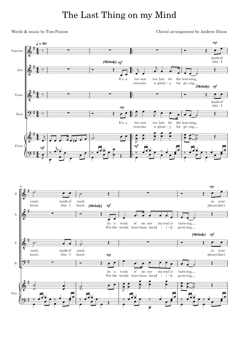 The last thing on my mind – Tom Paxton Sheet Music for Piano, Bass ...