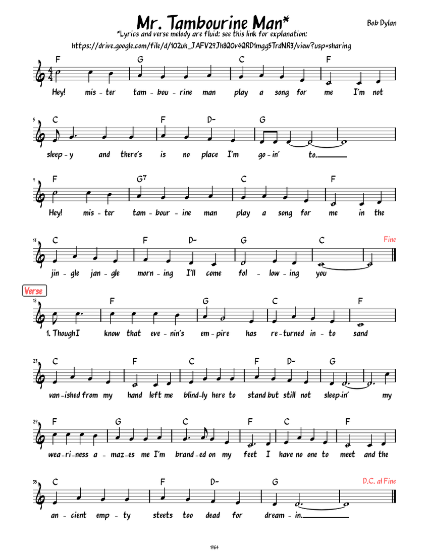 Mr. Tambourine Man --Dylan version (Lead sheet with lyrics ) Sheet music  for Piano (Solo) Easy | Musescore.com