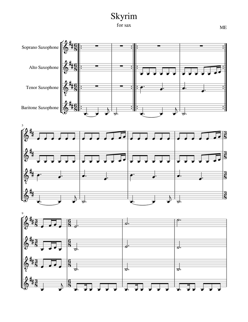 Skyrim For Sax Sheet Music For Saxophone Alto Saxophone Tenor Saxophone Baritone Saxophone Soprano Saxophone Ensemble Musescore Com