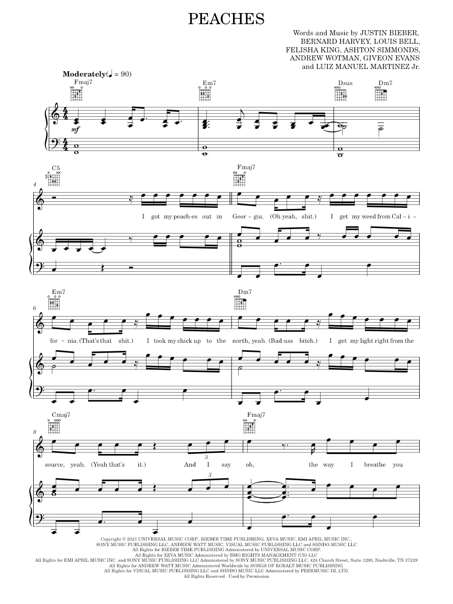 Peaches Sheet music for Piano, Vocals by Justin Bieber Official