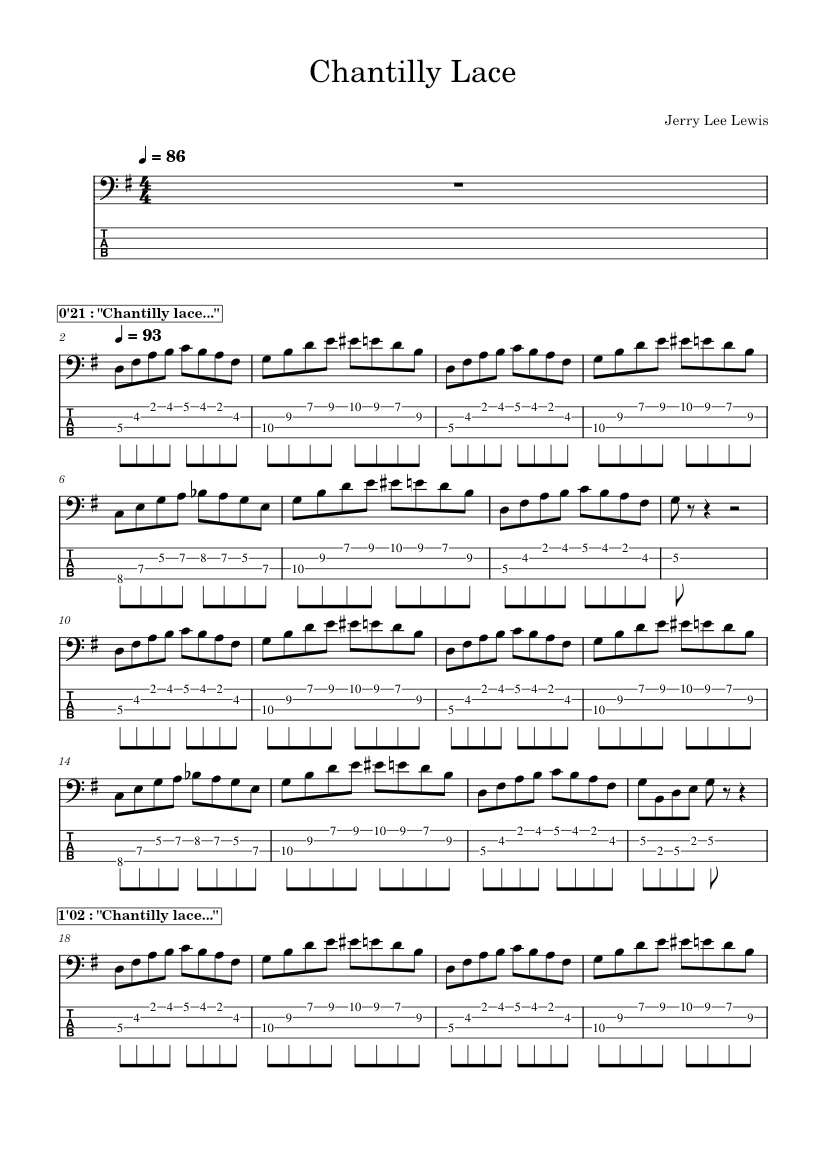 Chantilly Lace – Jerry Lee Lewis Sheet music for Bass guitar (Solo) |  Musescore.com