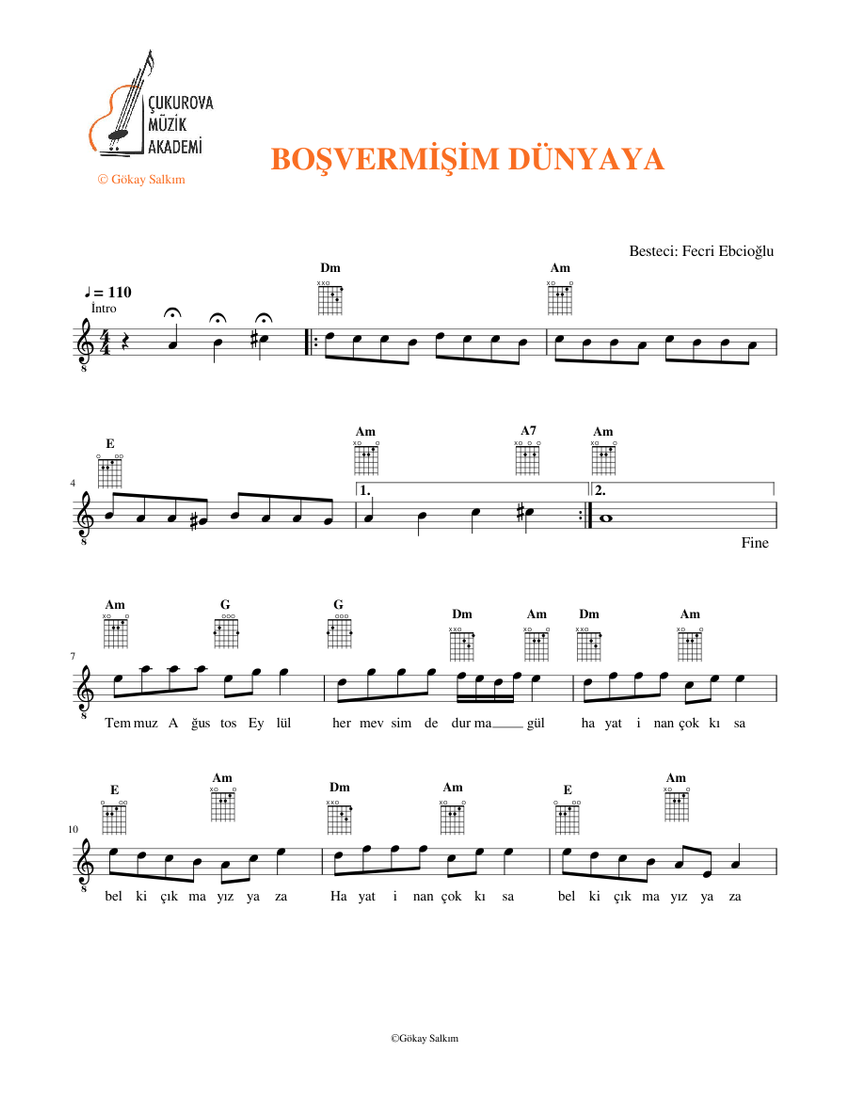 Bosvermisim Dunyaya Sheet Music For Guitar Solo Download And Print In Pdf Or Midi Free Sheet Music With Lyrics Musescore Com