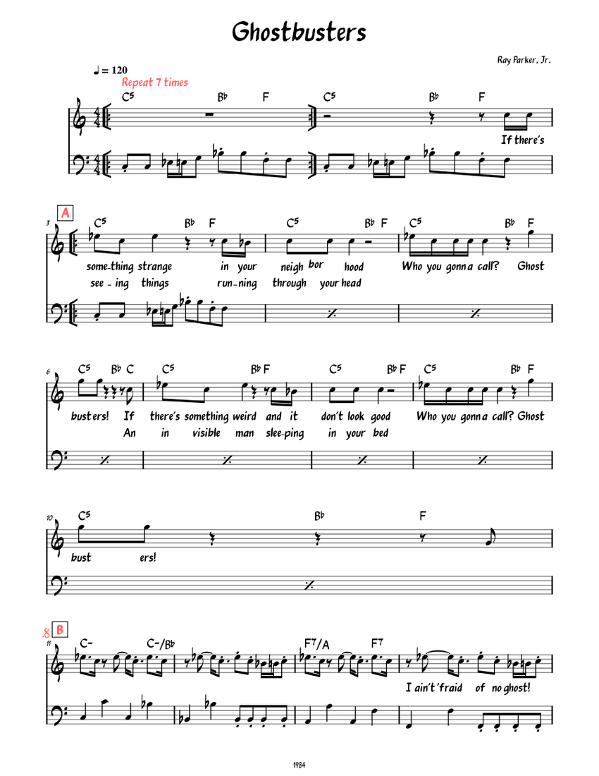 Ghostbusters (Lead sheet with lyrics and bass line) Sheet music for