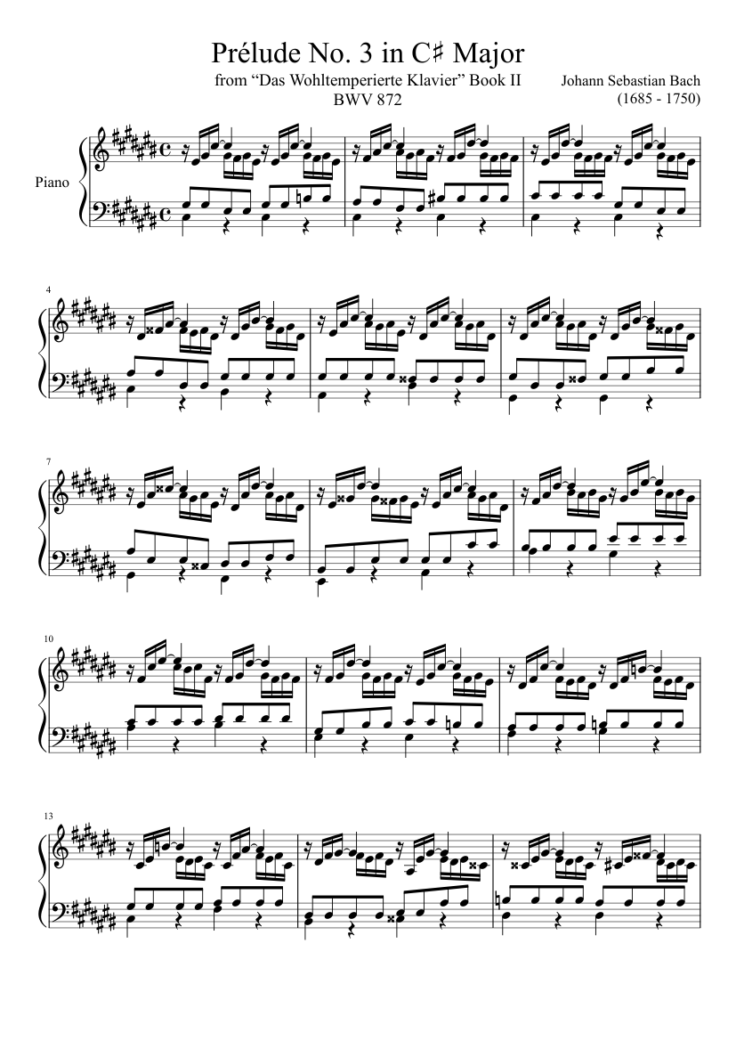 Prélude No. 3 BWV 872 in C♯ Major Sheet music for Piano (Solo) |  Musescore.com
