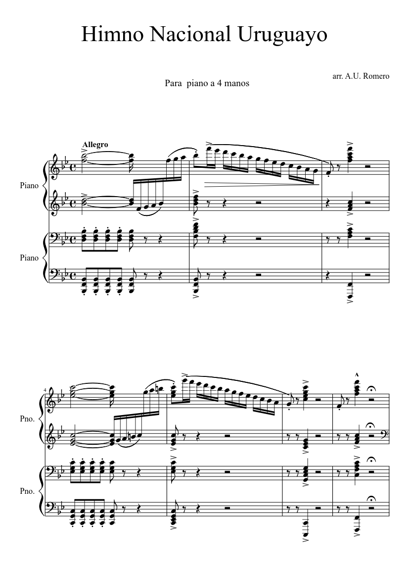 Himno Nacional Uruguayo para piano a 4 manos Sheet music for Piano (Piano  Duo) | Musescore.com