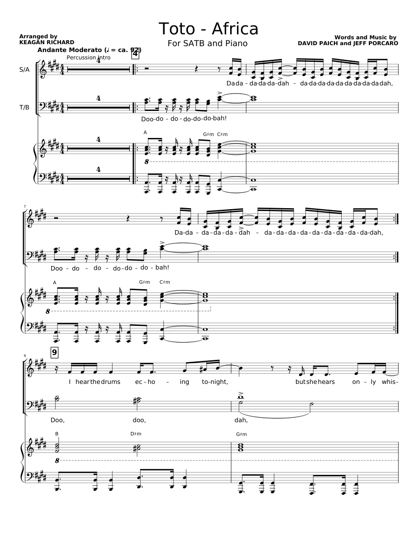 Toto - Africa (Choral Arrangment) Sheet music for Piano, Soprano, Vocals,  Baritone (Mixed Quartet) | Musescore.com