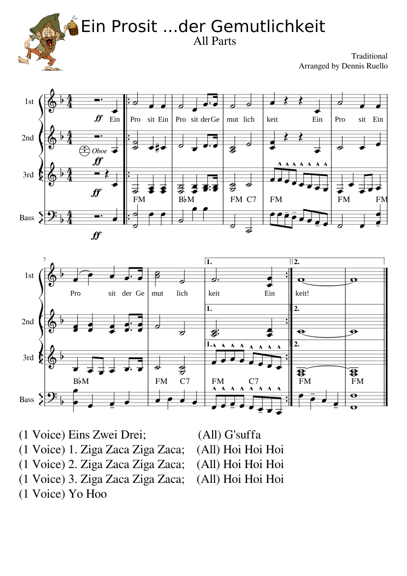 Ein Prosit Sheet Music for Accordion (Piano Quartet) | MuseScore.com