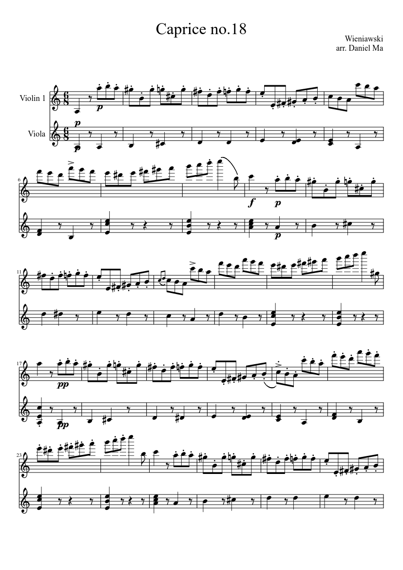 Wieniawski Violin Caprice no.18 Sheet music for Violin, Viola (String Duet)  | Musescore.com