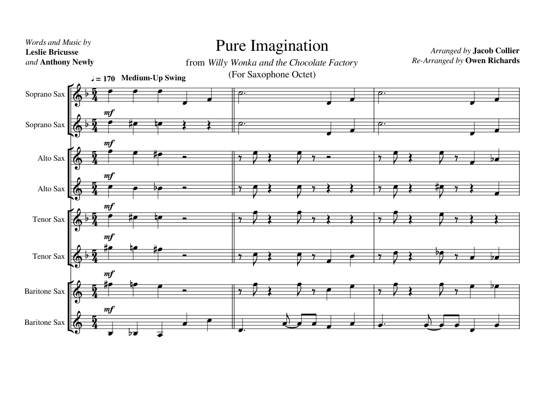 Pure Imagination Sheet music for Saxophone alto, Saxophone tenor, Saxophone baritone, Saxophone