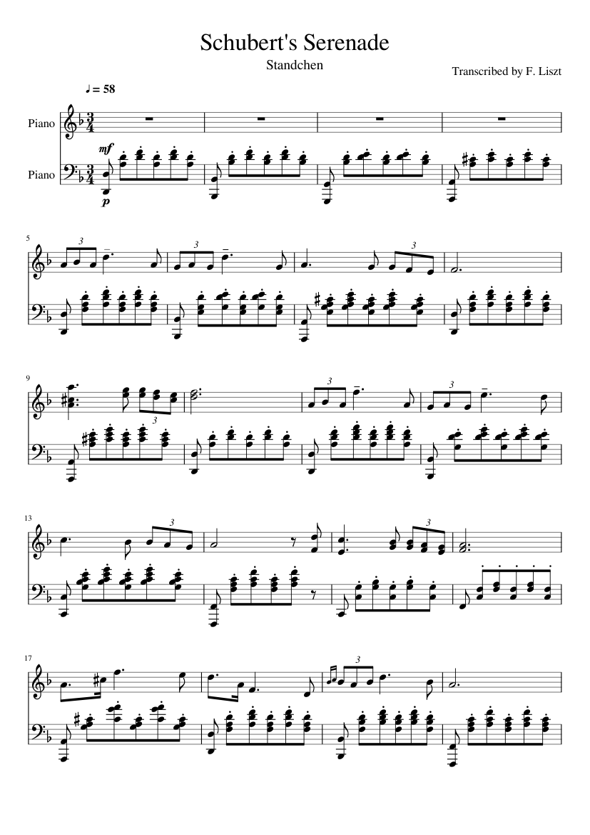 Schubert Serenade - Standchen - By Lizst Sheet music for Piano (Piano Duo)  | Musescore.com