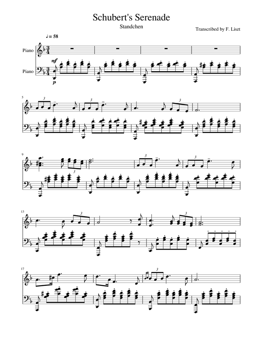 Schubert Serenade - Standchen - By Lizst Sheet music for Piano (Piano Duo)  | Musescore.com