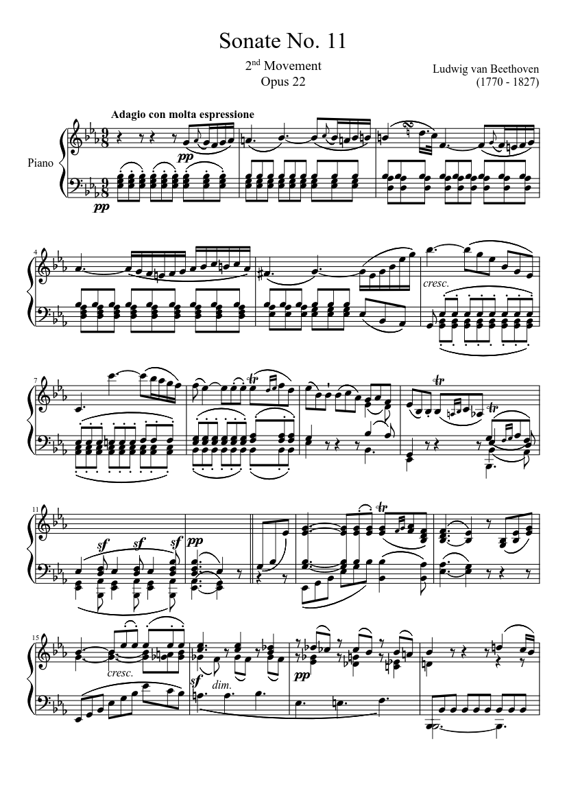 ソナタ第11番、第2楽章 楽譜 ピアノ (ソロ) | MuseScore.com