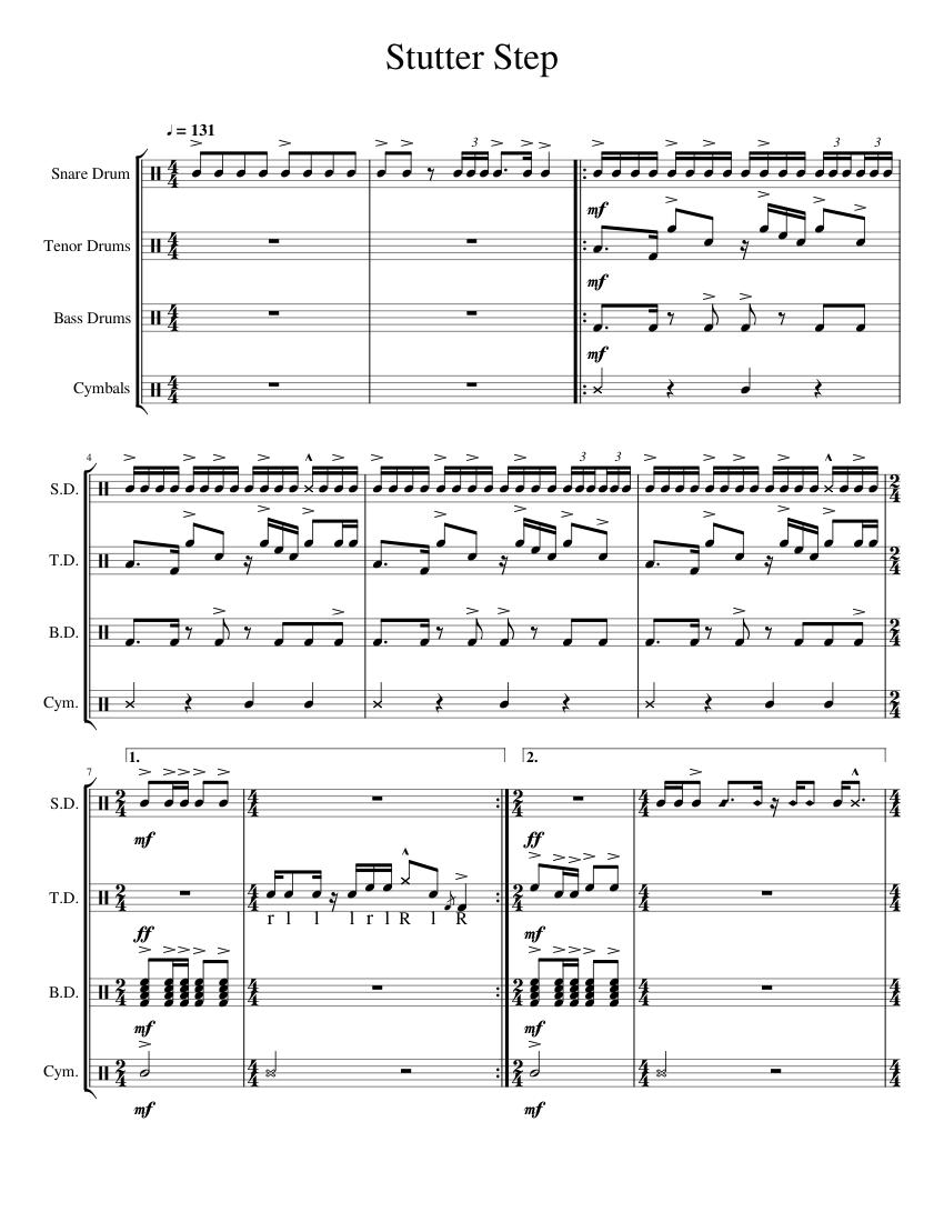 Stutter Step Sheet Music For Snare Drum Crash Tenor Drum Bass Drum Mixed Quartet 