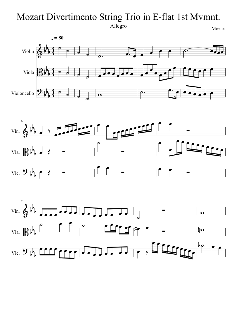 Mozart Divertimento String Trio in E flat K.563 1st Mvmnt. Sheet