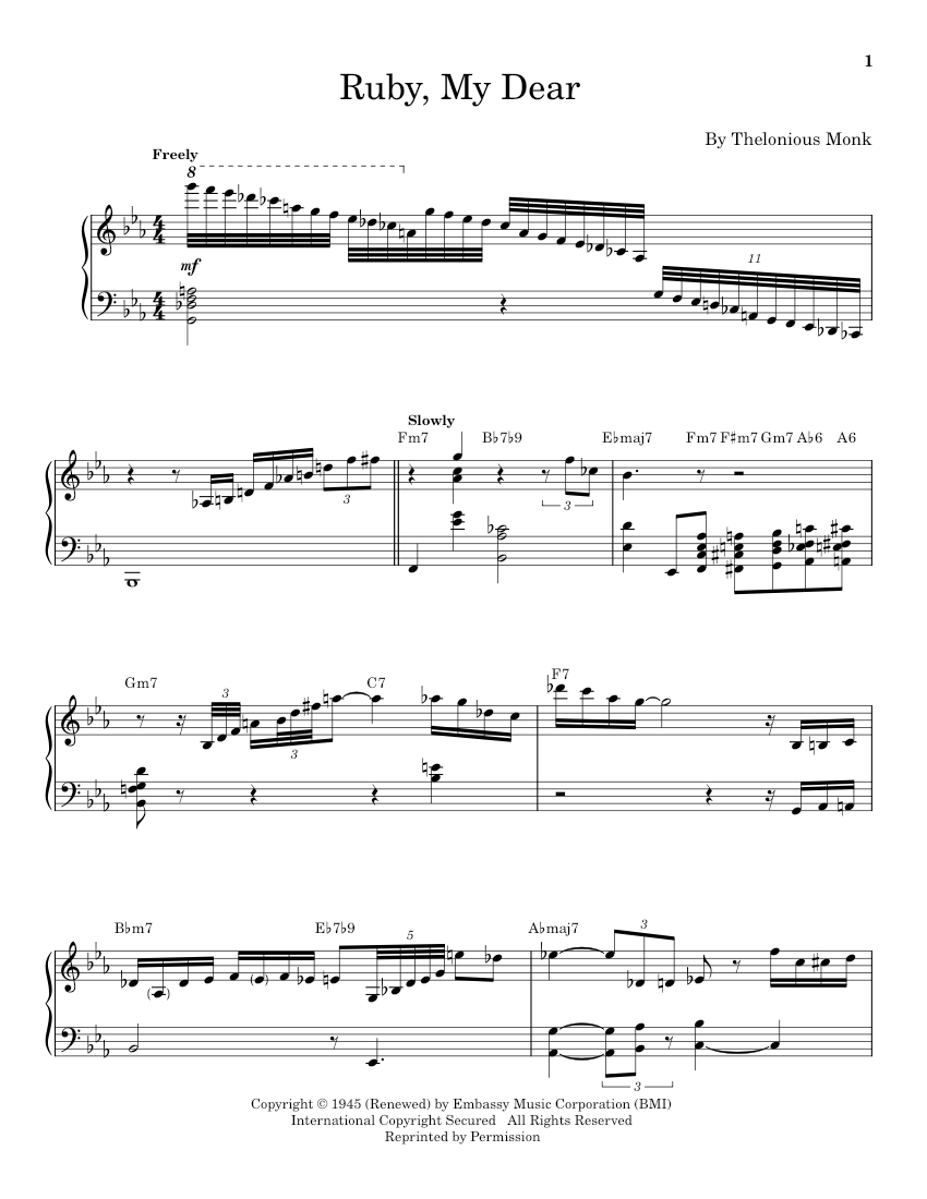 Dear Ruby Play Official version of Ruby my dear Sheet Music by Thelonious Monk ...