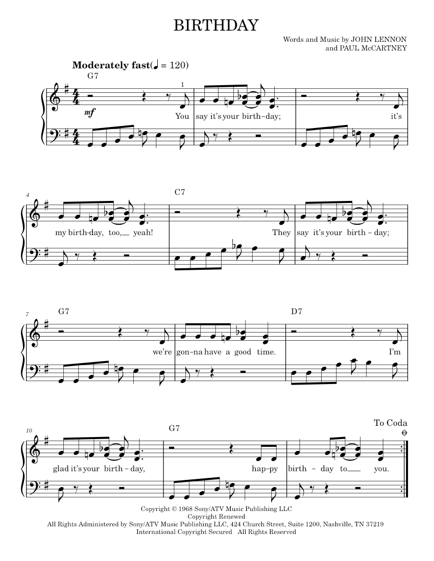 Play Official version of Birthday sheet music by The Beatles for Piano ...