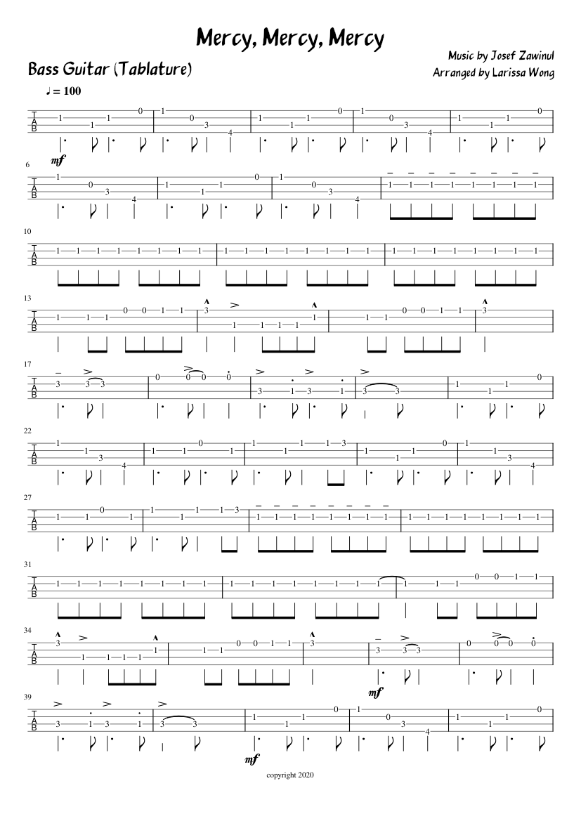 Mercy, Mercy, Mercy Bass Guitar (Tablature) Sheet music for Bass guitar