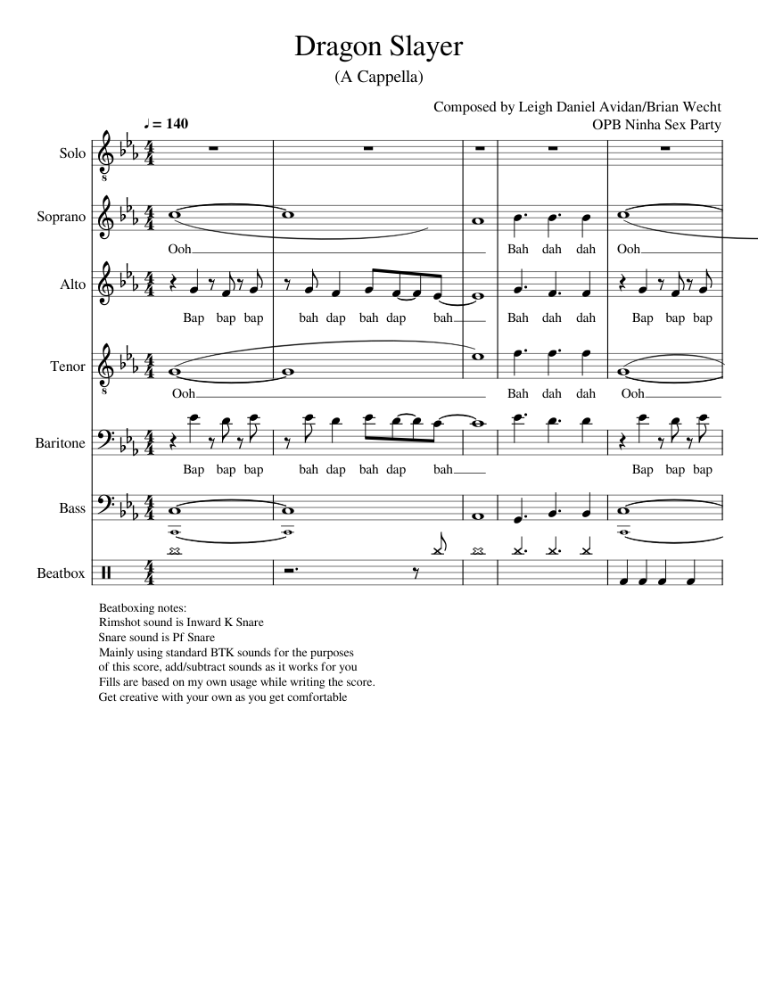 Dragon Slayer Ninja Sex Party A Cappella Sheet Music For Piano Bass Guitar Drum Group A 2034