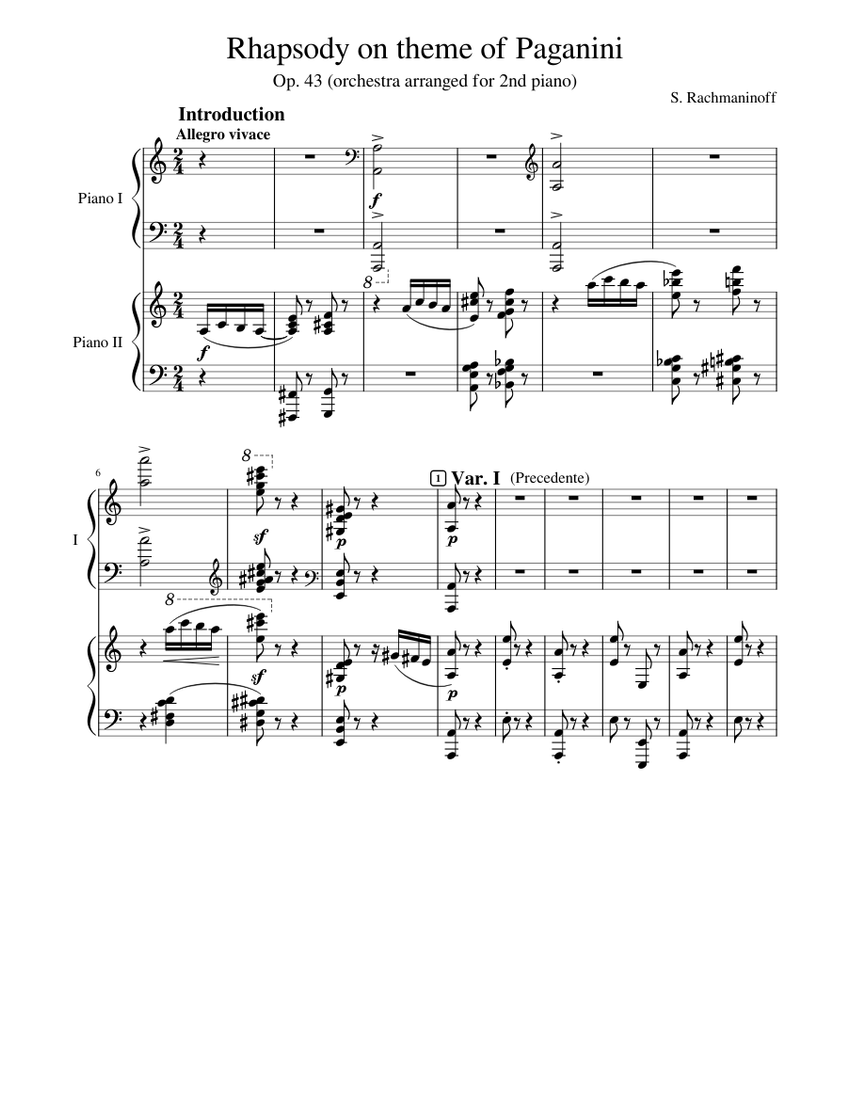 Rhapsody on theme of Paganini Op.43 (S. Rachmaninoff, orchestra arranged  for 2nd piano) Sheet music for Piano (Piano Duo) | Musescore.com