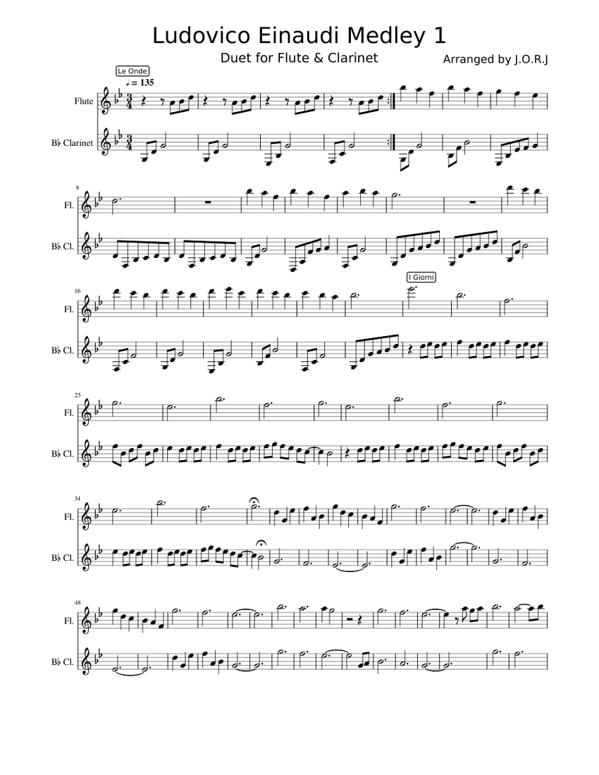 Ludovico Einaudi Medley 1 Sheet music for Flute, Clarinet in b-flat  (Woodwind Duet) | Musescore.com