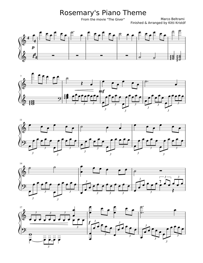 Rosemarys Piano Theme Sheet Music For Piano Solo