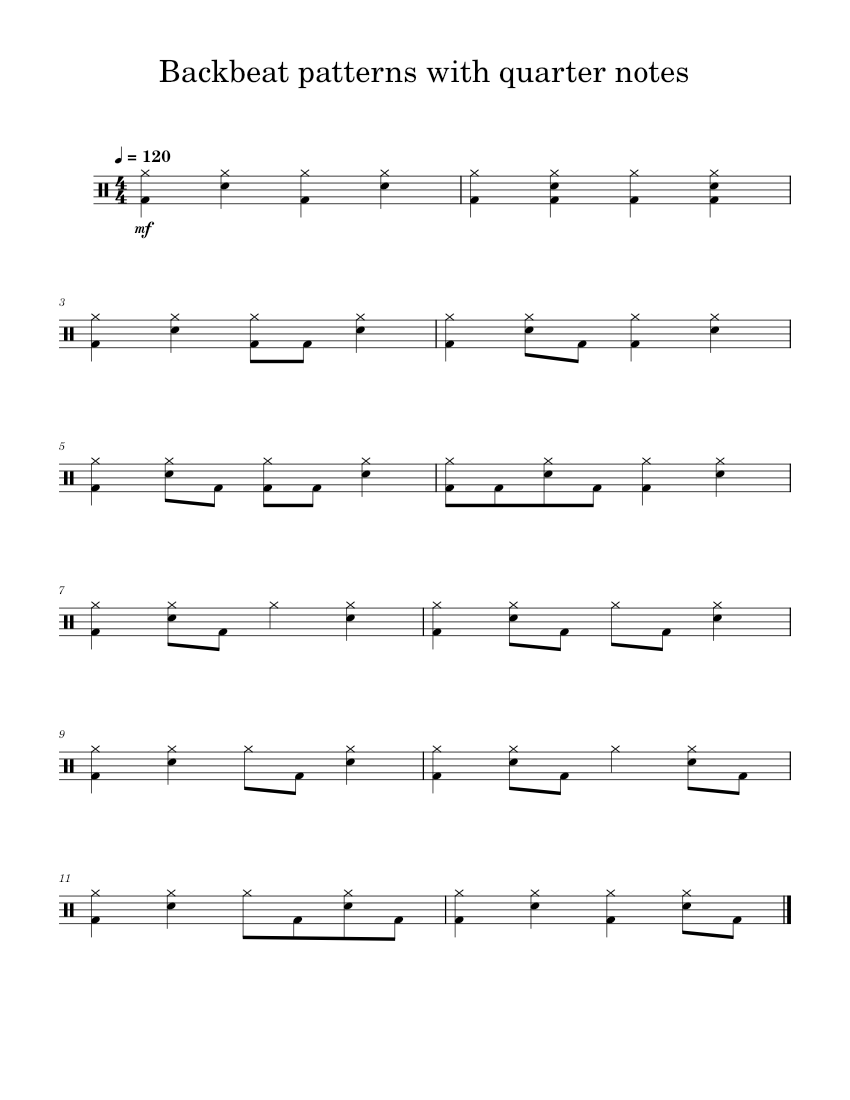 Quarter note backbeat patterns Sheet music for Drum group (Solo ...