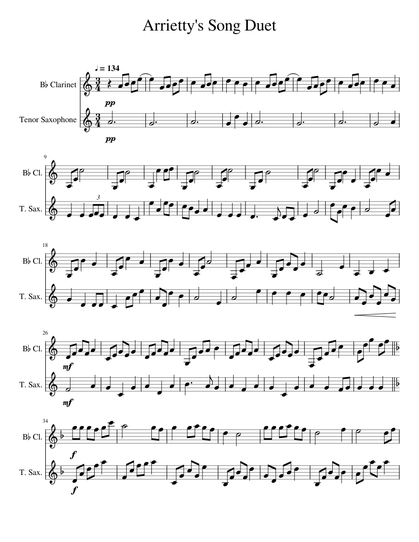 Arriettys Song Duet Sheet Music For Clarinet In B Flat Saxophone Tenor Woodwind Duet 1114
