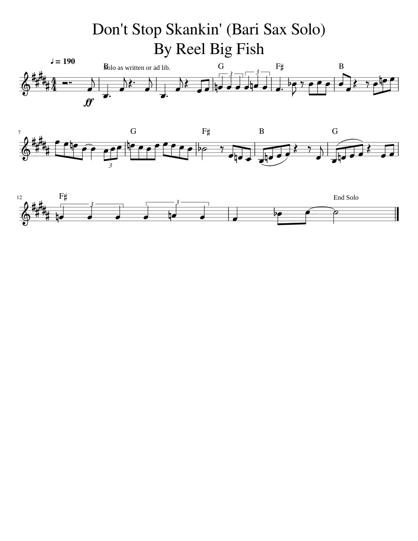 Don T Stop Skankin Baritone Sax Solo Sheet Music For Saxophone Baritone Solo Musescore Com