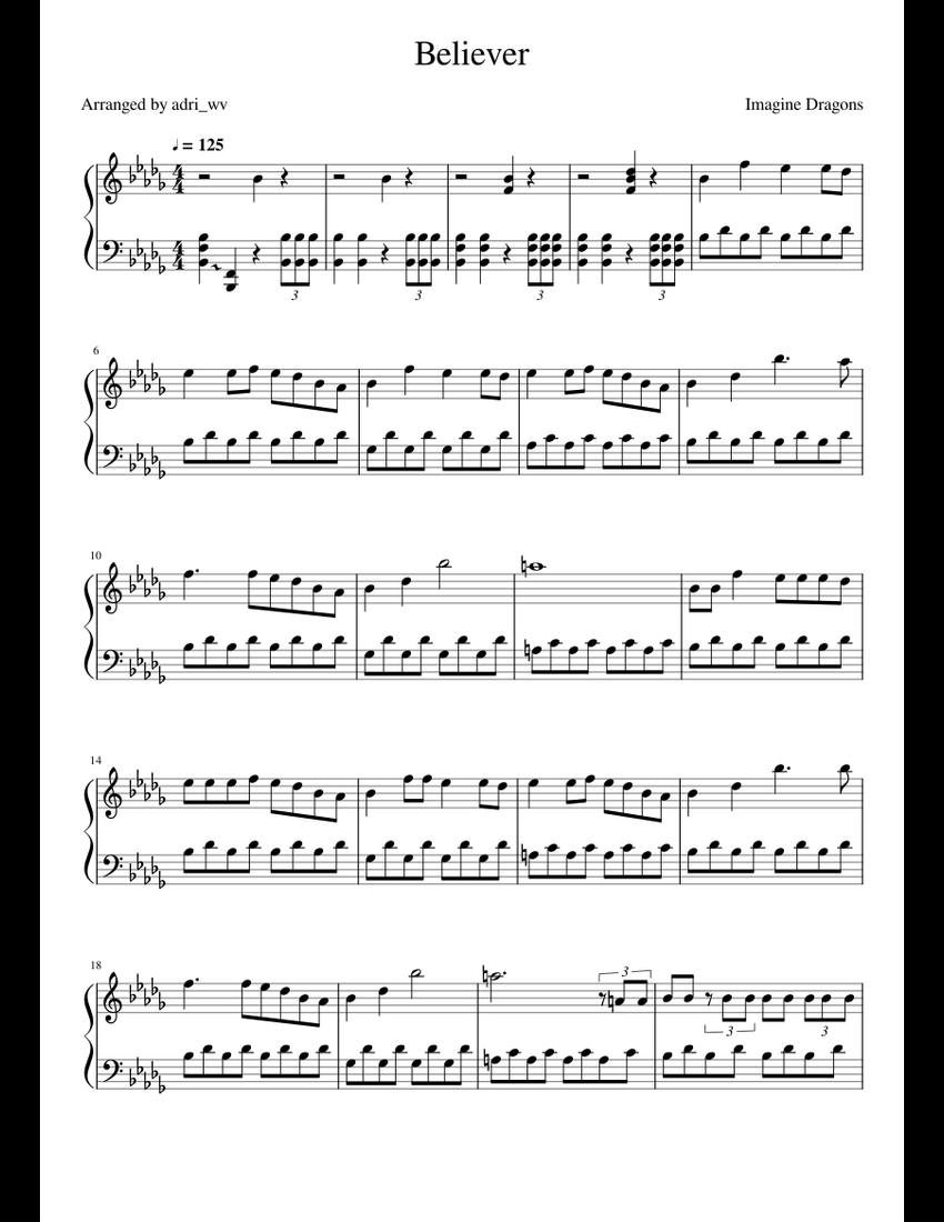 Believer - Imagine Dragons (Advanced) Sheet Music For Piano (Solo ...