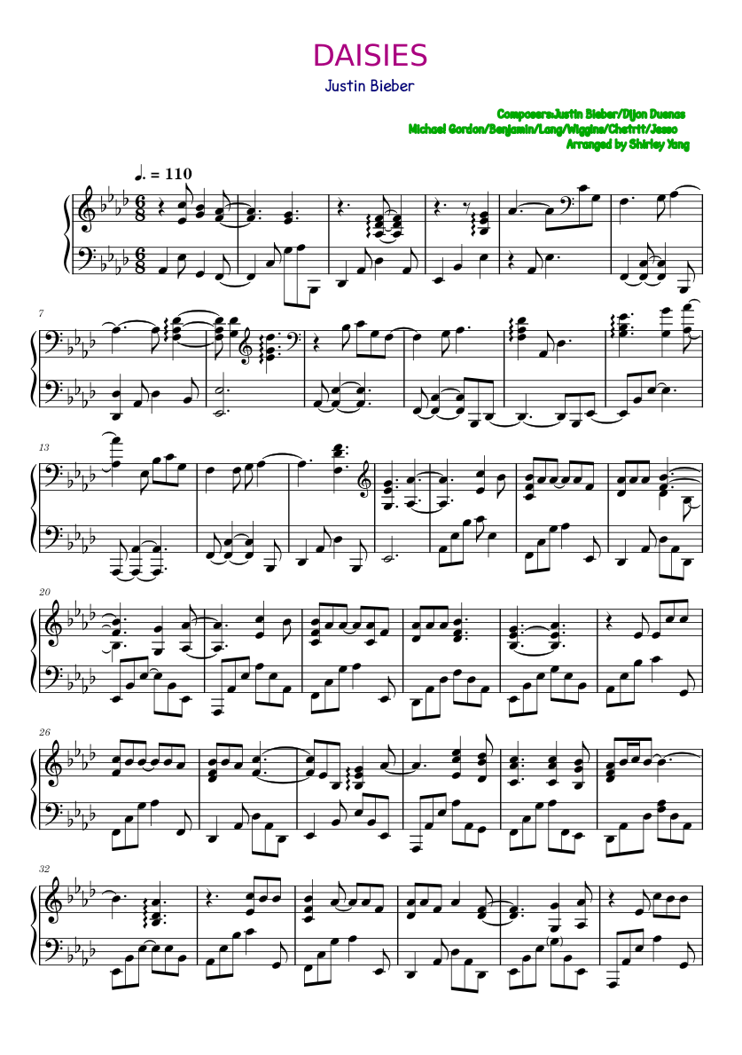 デイジーズ – ジャスティン・ビーバー 楽譜 ピアノ (ソロ) | MuseScore.com
