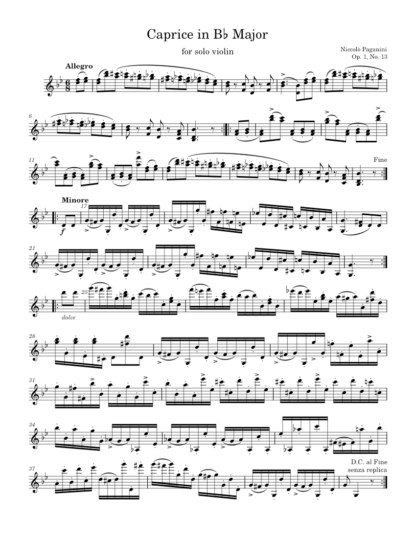 Solo Violin Caprice No. 13 in B-Flat Major - N. Paganini, Op. 1, No. 13  Sheet music for Violin (Solo) | Musescore.com