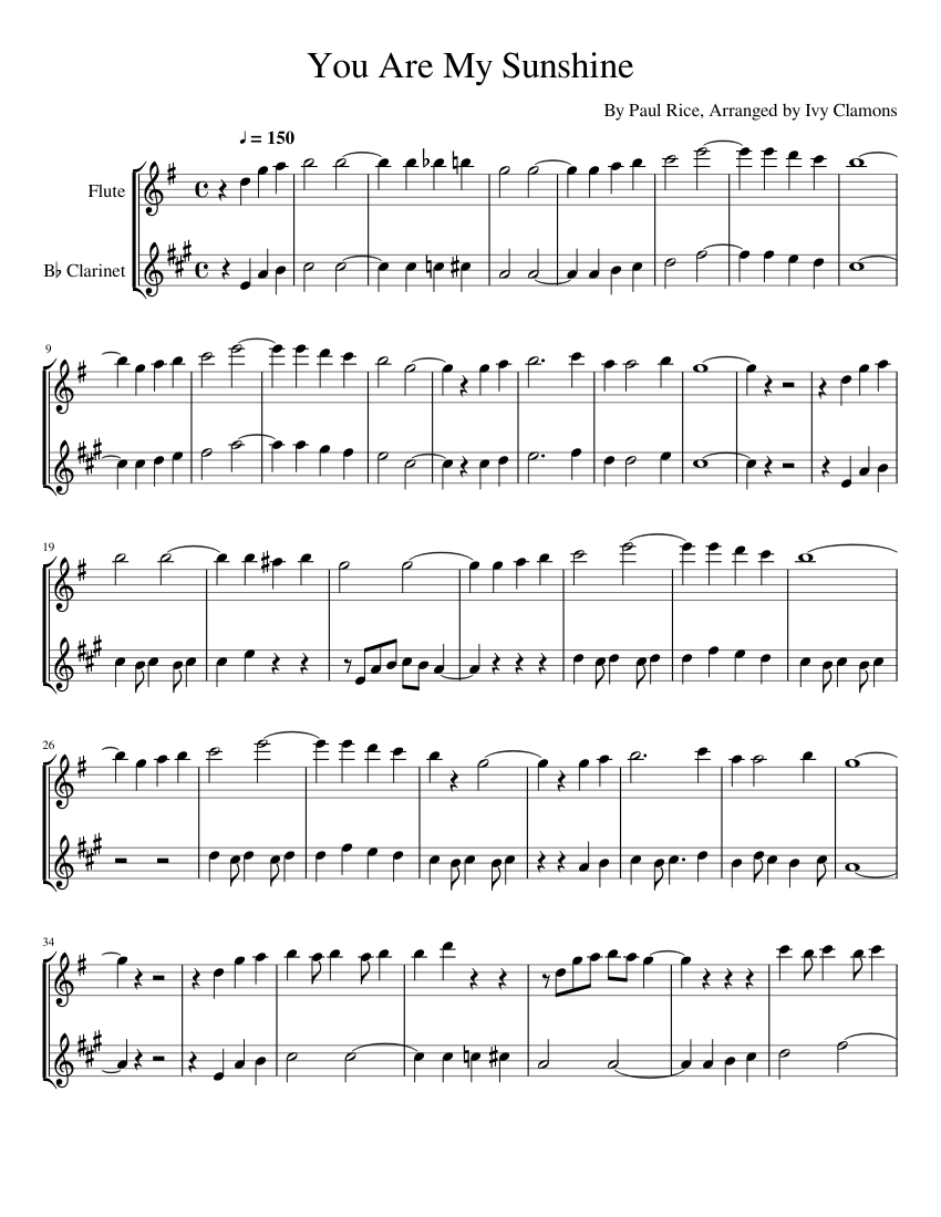 You Are My Sunshine Sheet music for Flute, Clarinet in b-flat (Woodwind  Duet) | Musescore.com