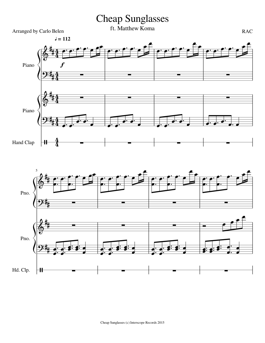 Cheap Sunglasses RAC Sheet music for Piano, Hand clap (Mixed Trio