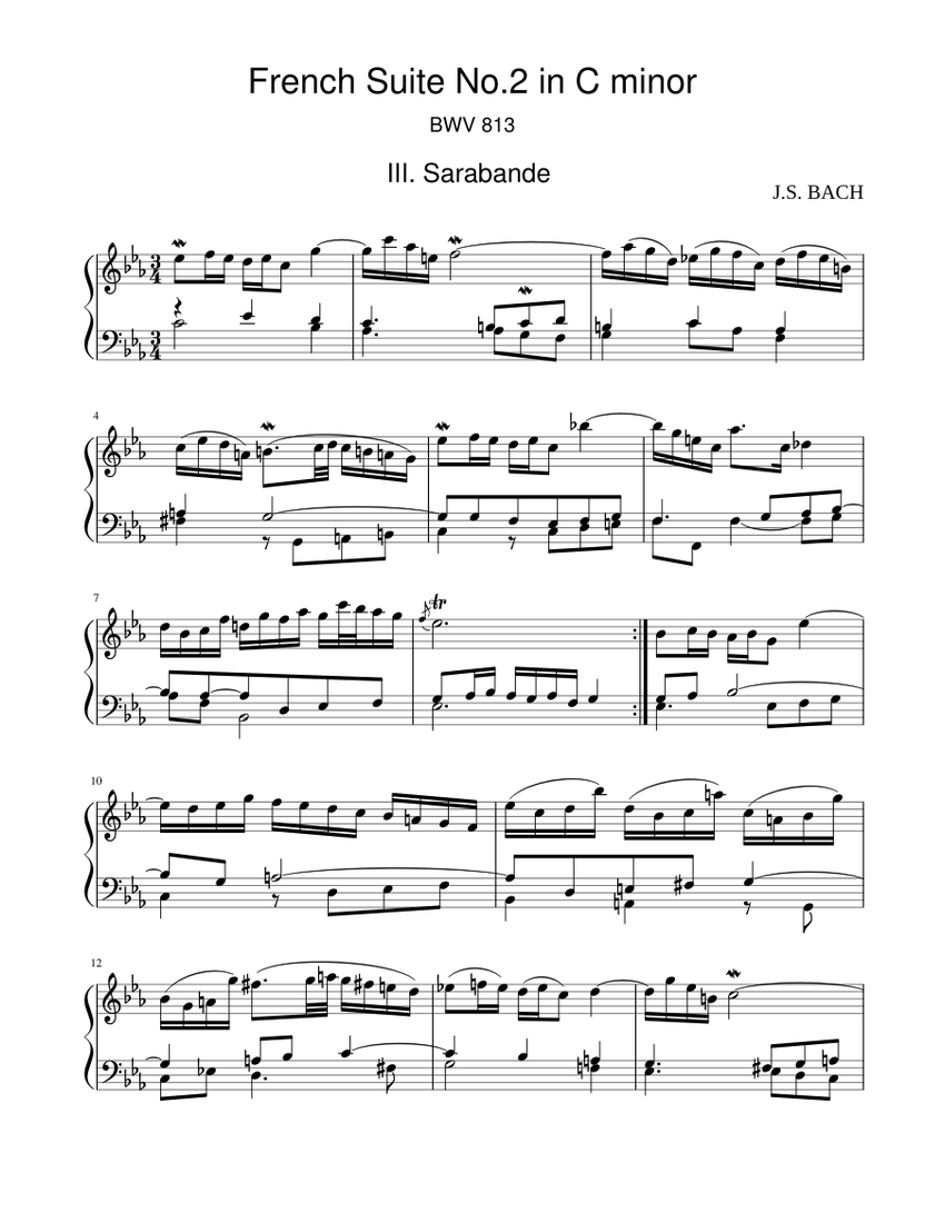 J. S. Bach - Sarabande from French Suite №2, BWV 813 Sheet music for Piano  (Solo) | Musescore.com