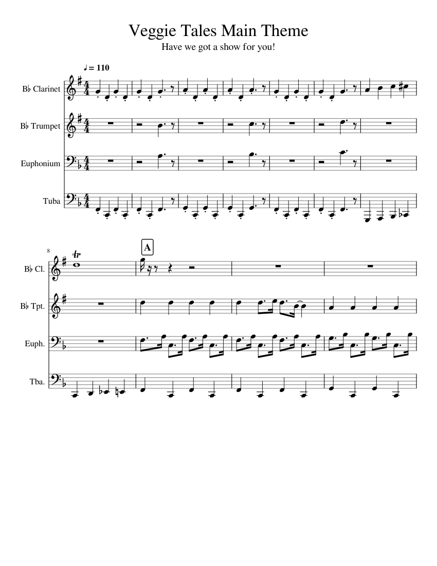 Veggie Tales Main Theme Sheet Music for Euphonium, Tuba, Clarinet in b ...