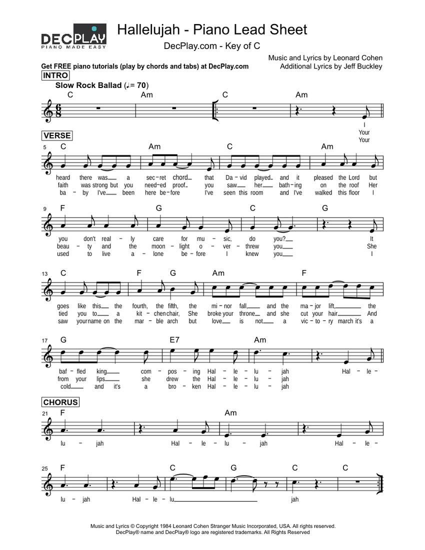 Hallelujah - Lead Sheet (C) piano / guitar / vocals - Leonard Cohen