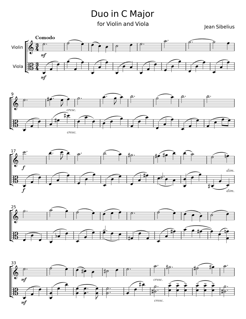 Duo in C Major with violin and viola - Jean Sibelius Sheet Music for ...