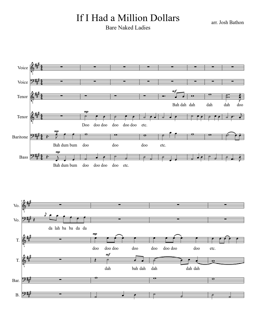 If I Had a Million Dollars Sheet Music for Bass guitar, Voice (other)  (Mixed Trio) | MuseScore.com, image size:850x1100