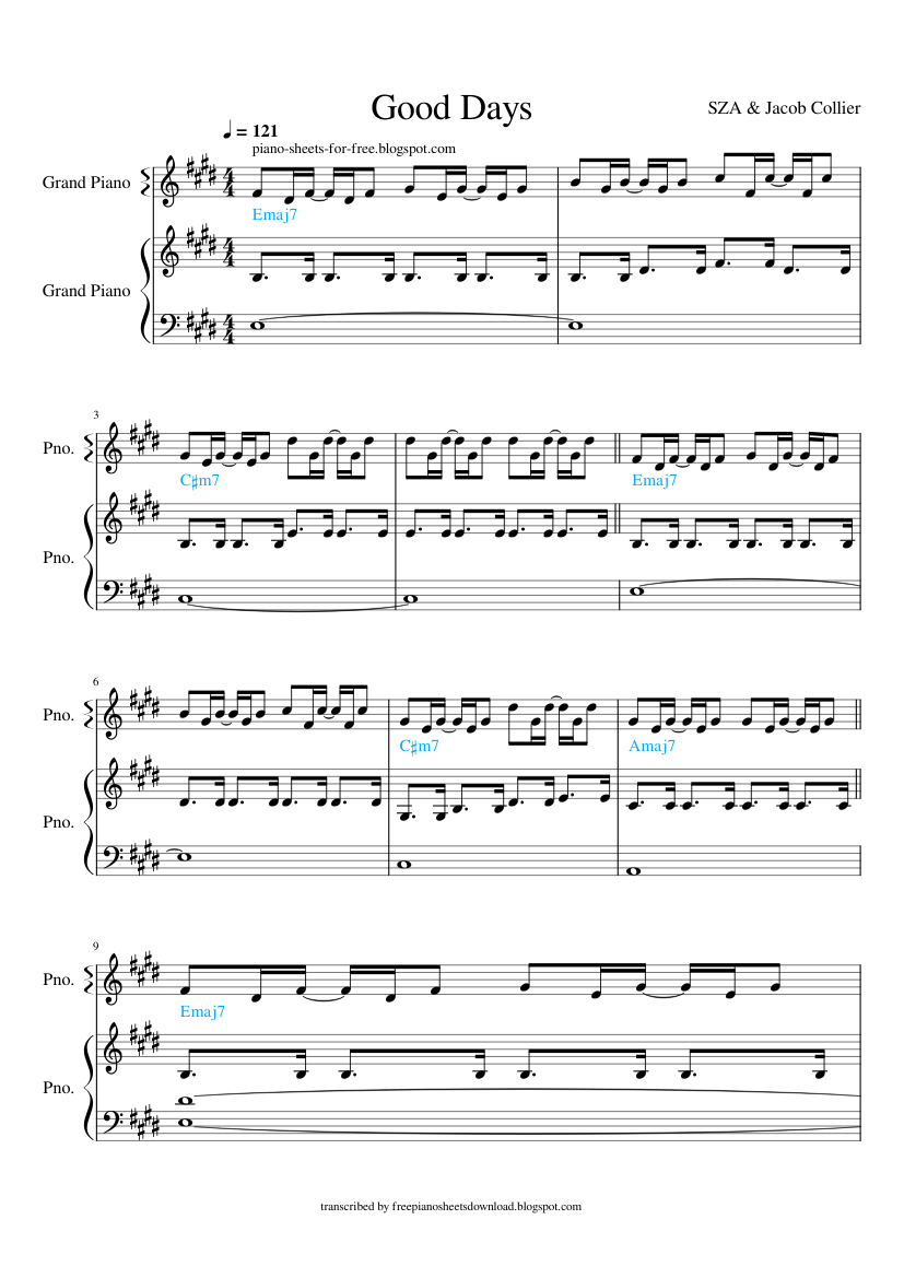 Piano Sheet Music: 🙌🏼 SZA — Good Days Piano Sheet Music