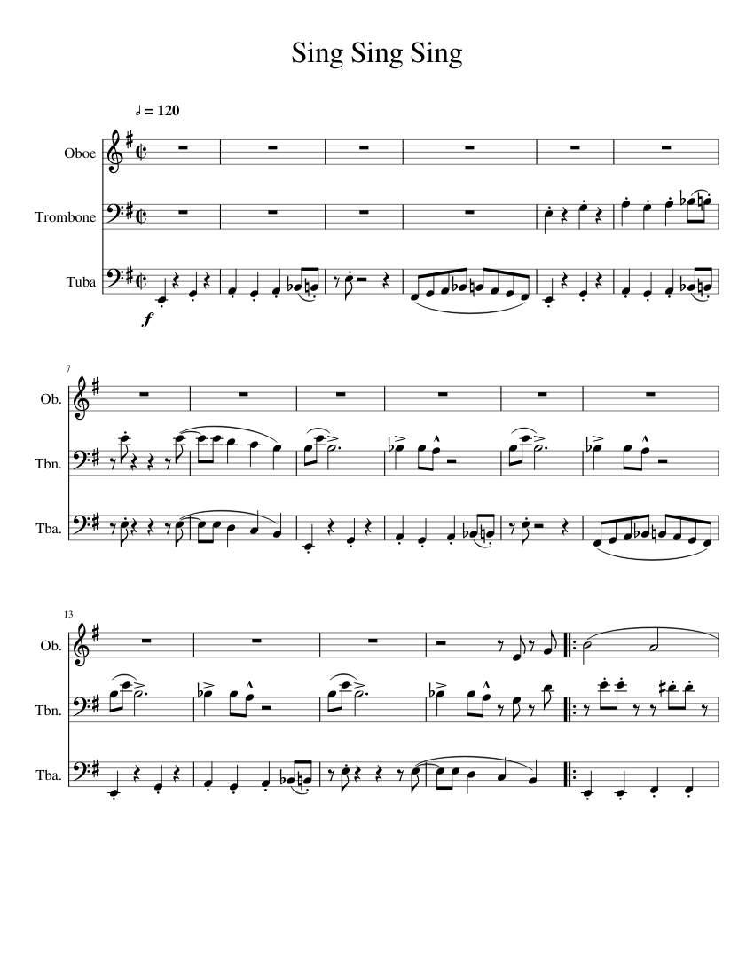 Sing Sing Sing Sheet Music For Trombone Tuba Oboe Mixed Trio Musescore Com