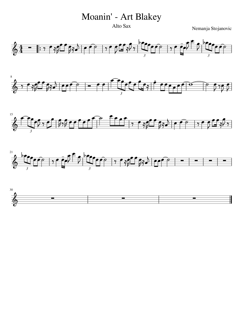 Moanin' - Art Blakey (Alto Sax) Sheet music for Piano (Solo) | Musescore.com
