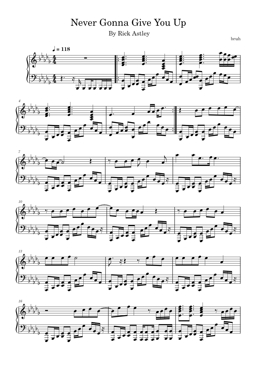 Never Gonna Give You Up Rick Astley Sheet Music For Piano Solo Never Gonna Give You Up Rick Astley Sheet Music For Piano Solo
