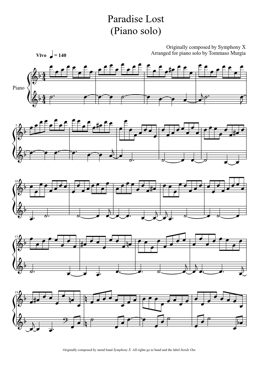 Paradise Lost - Piano Solo (Symphony X) Sheet music for Piano (Solo) |  Musescore.com