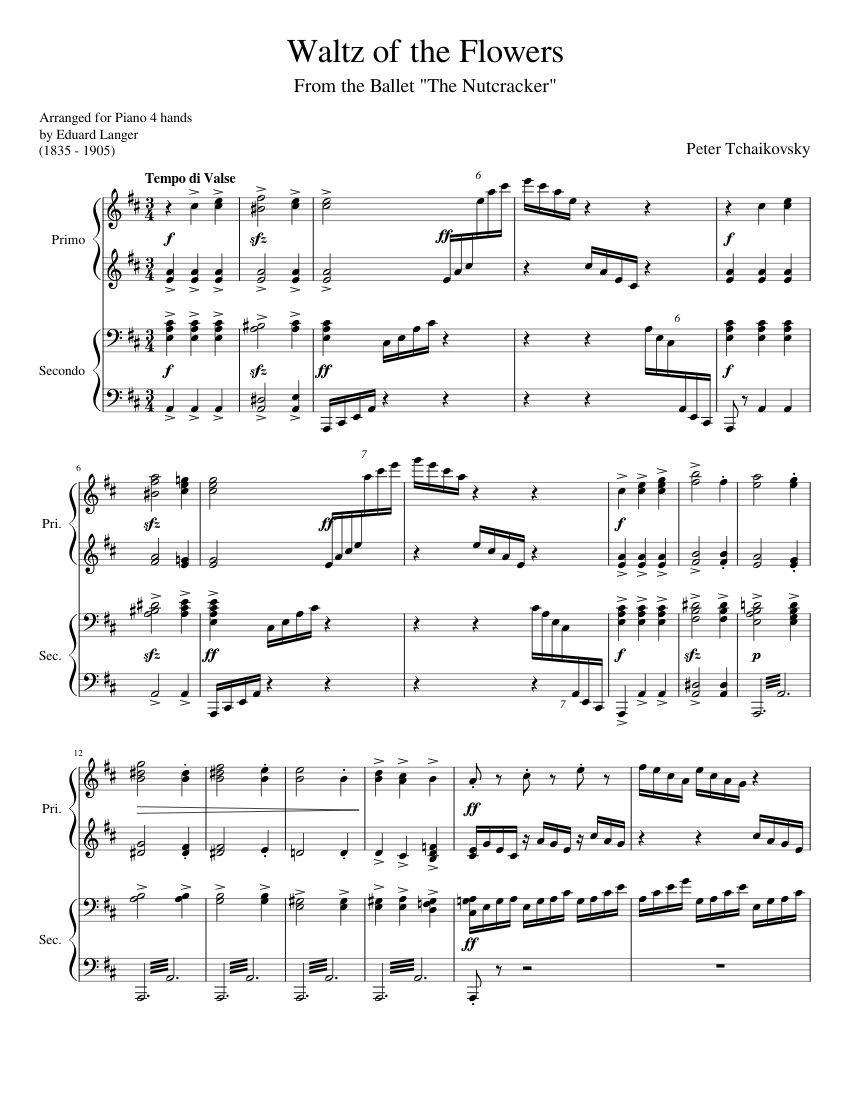 Tchaikovsky Waltz of the Flowers from The Nutcracker (Piano 4 hands) Sheet  music for Piano (Piano Duo) | Musescore.com