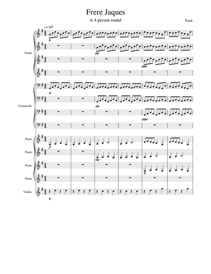 Frere Jaques Sheet music for Piano, Violin, Cello, Strings group (Mixed ...