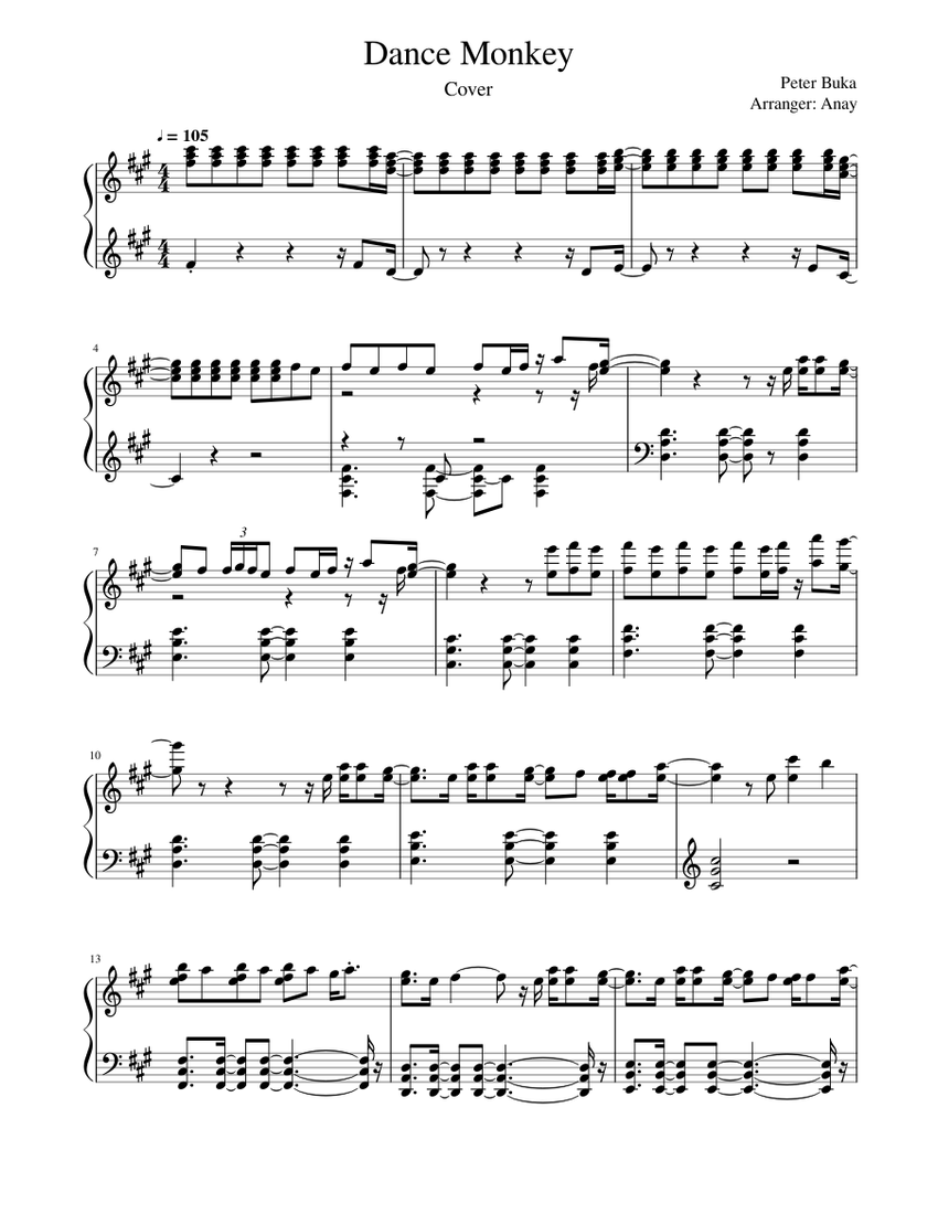 Partition piano Dance Monkey - Space Note gratuite