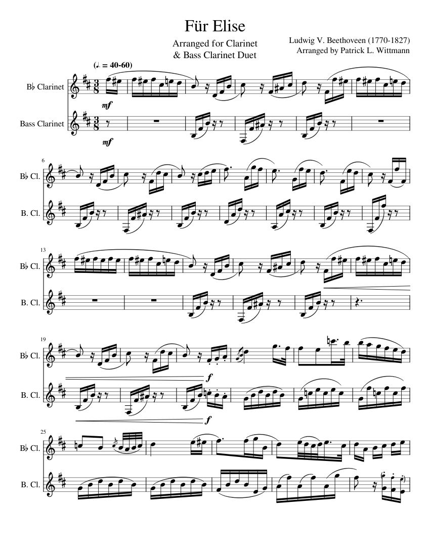 Fur Elise Clarinet Duet Sheet Music For Clarinet In B-flat, Clarinet ...